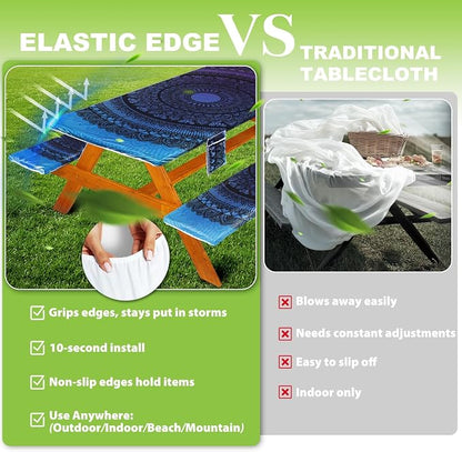 Wrakus Picnic Table Cover with Bench Covers Vinyl Elastic Edges Fitted Rectangle Seat Tables Waterproof 3-Piece96X30in Set Outdoor Rectangular Folding Backing Tablecloth for Camping Over Size