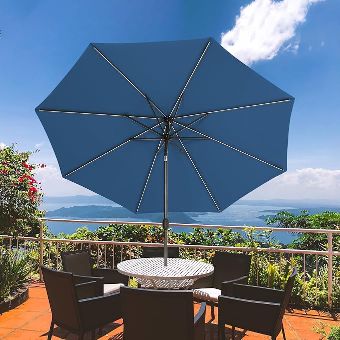 Sundale Outdoor 88 LED 10 FT Solar Patio Umbrella with Base, Navy | Sand Bag Umbrella Base, Tilt, Crank, Solar Lights