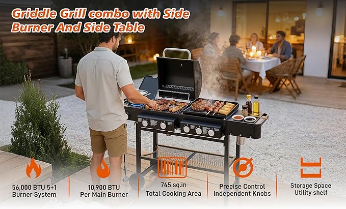 Outdoor Gas Grill with 6 Burners & Side Burner 59000 BTU Stainless Steel BBQ Grill Enamel-Coated Grates Side Tables for Backyard Patio Cooking Charcoal Grills & Smokers,A5