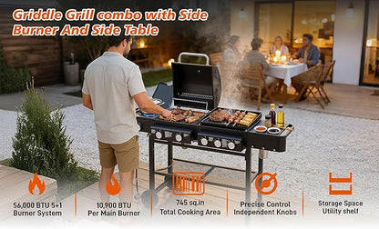 Outdoor Gas Grill with 6 Burners & Side Burner 59000 BTU Stainless Steel BBQ Grill Enamel-Coated Grates Side Tables for Backyard Patio Cooking Charcoal Grills & Smokers,A5