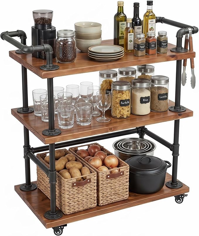 Industrial Pipe Bar Carts, Solid Wood Serving Carts, Rolling Kitchen Carts | Heavy Duty Wine Rack Carts on Wheels with Shelves and Handles, Tea Liquor Shelves/Holder, Bar Furniture for Home