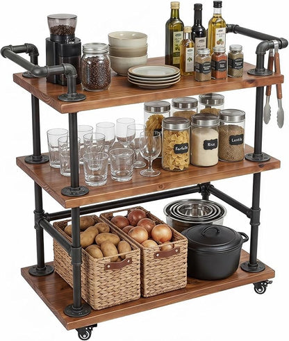 Industrial Pipe Bar Carts, Solid Wood Serving Carts, Rolling Kitchen Carts | Heavy Duty Wine Rack Carts on Wheels with Shelves and Handles, Tea Liquor Shelves/Holder, Bar Furniture for Home