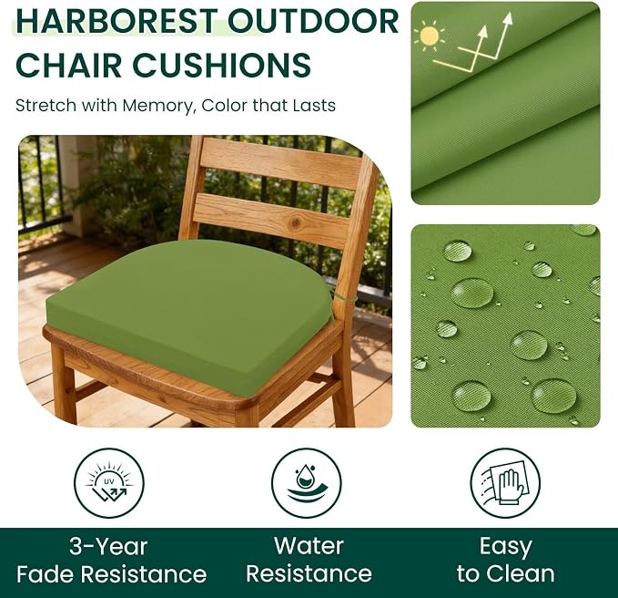 HARBOREST Outdoor Chair Cushions Set of 2, Water Resistant Patio Chair Cushions with Ties, Outdoor Seat Cushions for Patio Furniture, 17"x16"x2", Grass Green