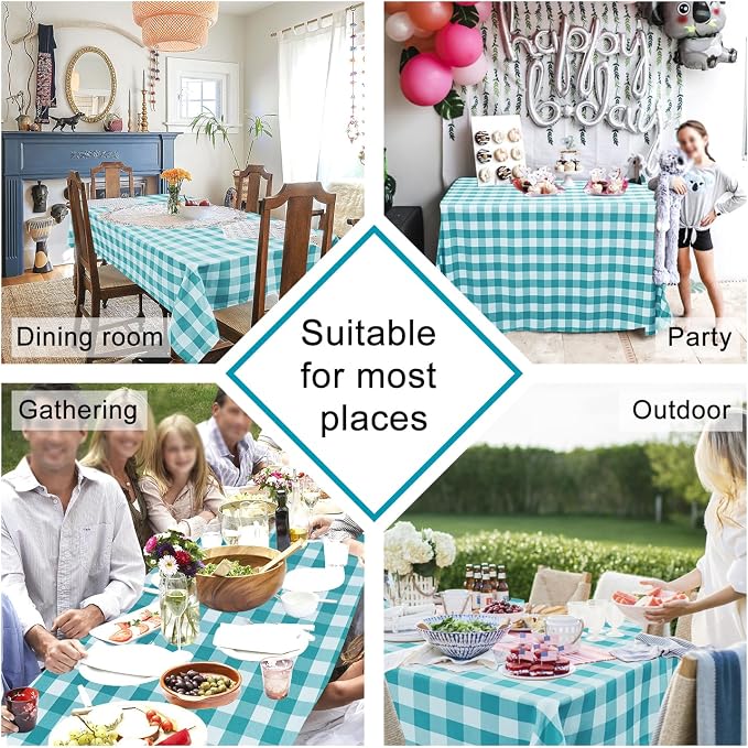 Hiasan Checkered Tablecloth Rectangle - Waterproof and Wrinkle Resistant Table Cloth for Picnic, Dinner and Party, Washable Polyester Fabric, 54 x 80 Inch, Turquoise and White Gingham Pattern