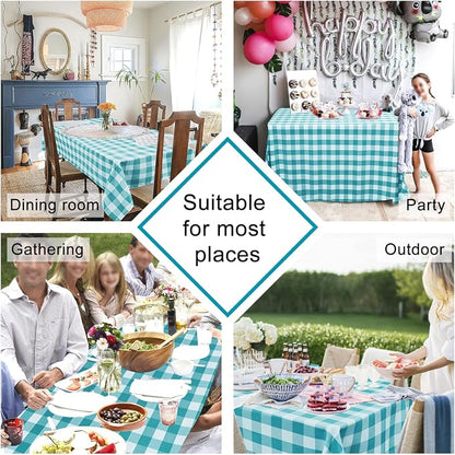 Hiasan 60 x 84 Inch Checkered Tablecloth Rectangle - Waterproof and Wrinkle Resistant Table Cloth for Picnic, Dinner and Party, Washable Polyester Fabric, Turquoise and White Gingham Pattern