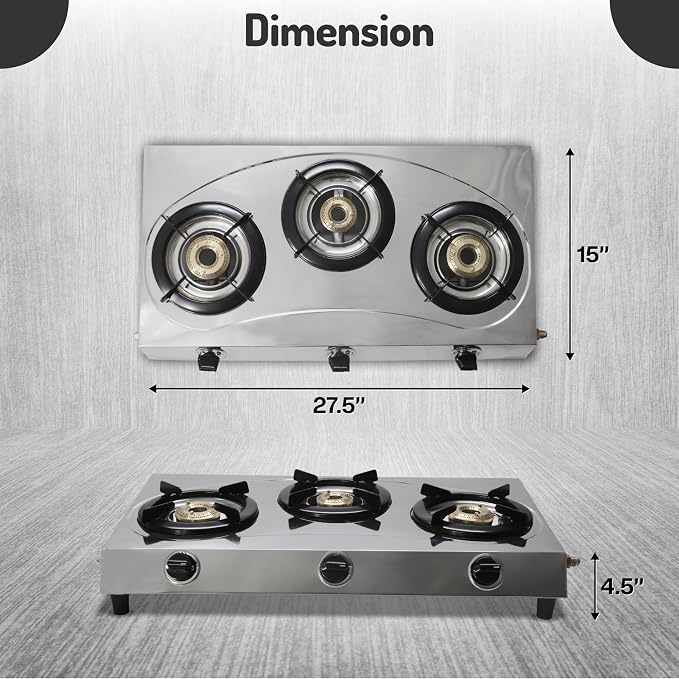 Three Burner Stove Stainless Steel Propane Portable Cooktop Range | Propane Range 3 Burner Cooktop, Indian Style Gas Stove for Outdoor Cooking on 3 Burner Gas Stove Camp Stove