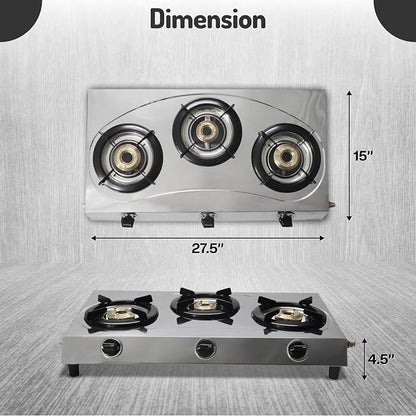 Three Burner Stove Stainless Steel Propane Portable Cooktop Range | Propane Range 3 Burner Cooktop, Indian Style Gas Stove for Outdoor Cooking on 3 Burner Gas Stove Camp Stove