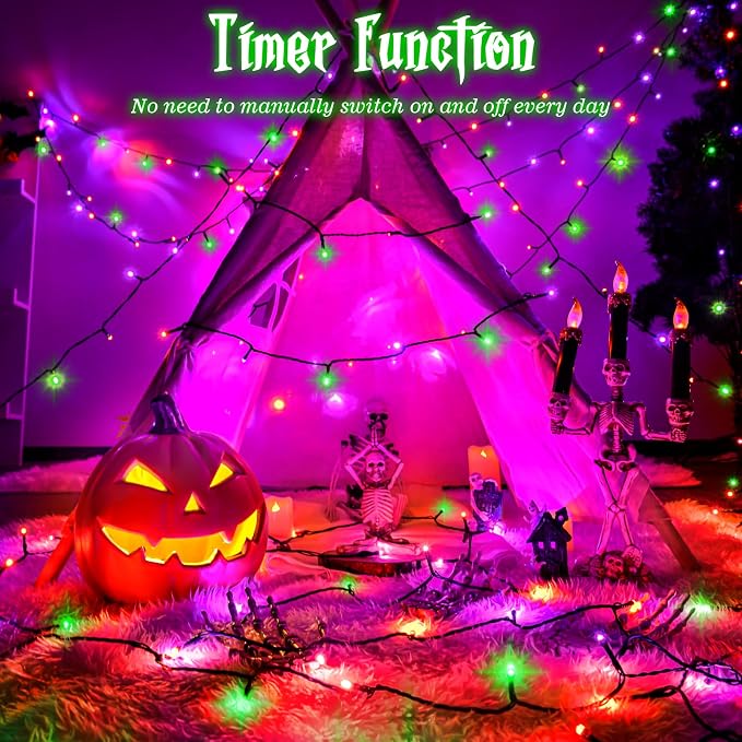 Halloween Lights String Total 100LED Battery Operated Outdoor 8 Modes with Timer 16.4Ft*2, 50LED*2 Waterproof Fairy Lights Indoor for Halloween Decor, Orange&Purple&Green, 2-Pack