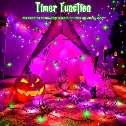 Halloween Lights String Total 100LED Battery Operated Outdoor 8 Modes with Timer 16.4Ft*2, 50LED*2 Waterproof Fairy Lights Indoor for Halloween Decor, Orange&Purple&Green, 2-Pack