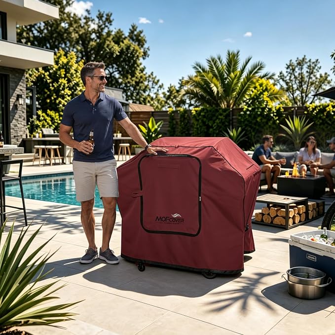 Exclusive Foldable 58 inch Grill Cover, 600D Heavy Duty Outdoor BBQ Cover for Weber Genesis II/EX/SX/LX 300 and Genesis 300 Series Weber 7130, 3-5 Burners Grill, Red