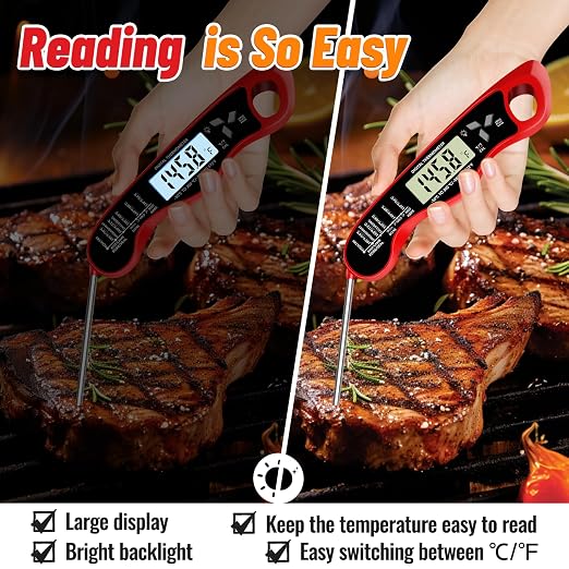 Meat Thermometer Digital, IP67 Waterproof Food Thermometer for Cooking | Backlight, Hold Function, Magnet, IP67 Waterproof, LED screen, for Kitchen, Grill, BBQ, Beef, Candy, Turkey