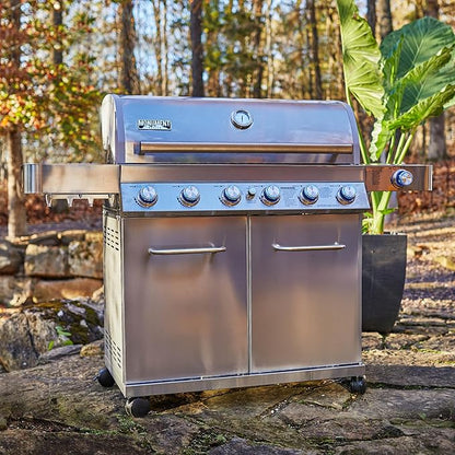 Monument Grills 6 Burner 640 sq.in. Stainless Steel Propane Gas Grill with a Rotisserie Kit, a Side Burner, a Built-In Thermometer, Large Cabinet Style Grill