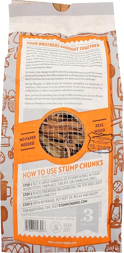 Stump Chunks: SC-3 0.3 Cu Ft Kindling & Fire Starters - Natural Fire Kindling Wood Sticks & Firewood Starter - Firestarter Sticks from Recycled Tree Stumps - Medium Bag