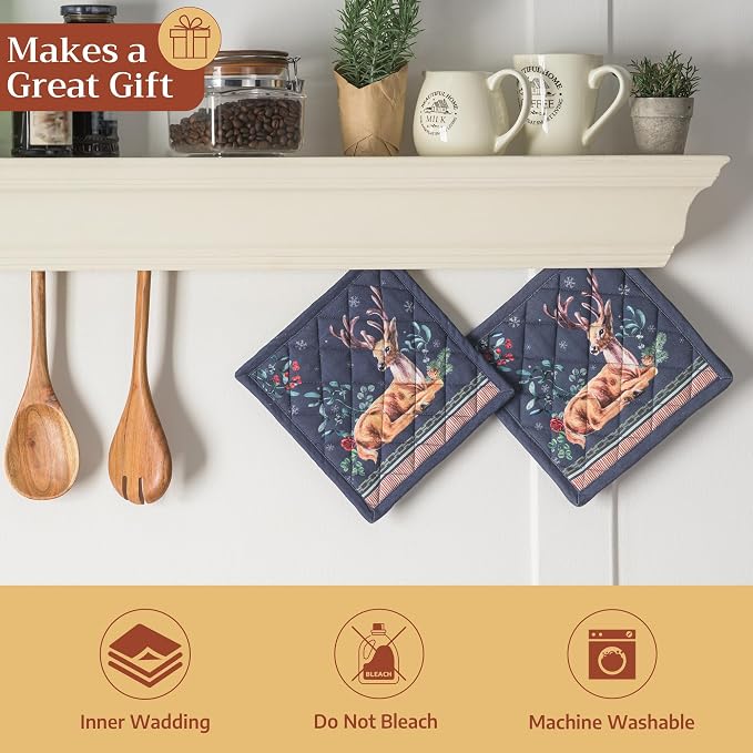 Maison d' Hermine Pot Holders 100% Cotton Potholders (8" x 8", Pack of 1) | Heat Resistant Hot Pads with Loop BBQ Cooking Baking Hotel Kitchen Handling Hot Pans Thanksgiving Christmas - Christmas Joy