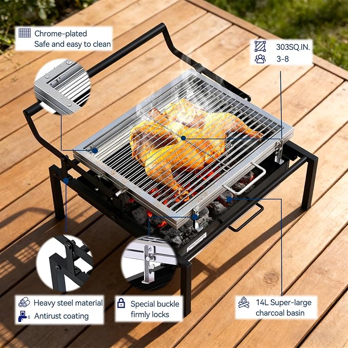 Rotating Charcoal Grill, Heavy-Duty Professional Flip Grill | 303 SQ.IN. Large Cooking Surface, Detachable Grill, for 3-8 People, for Camping, Tailgating, Patio