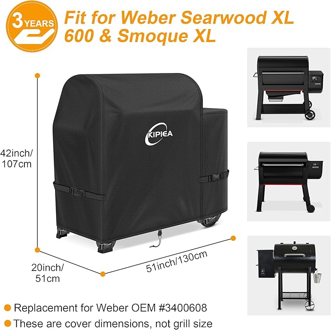 Kipiea 600D Heavy Duty Pellet Grill Cover for Weber Searwood XL 600 & Smoque XL, Waterproof Wood Pellet Smoker Cover with Windproof Buckles, UV Resistant, No Tear, No Fading