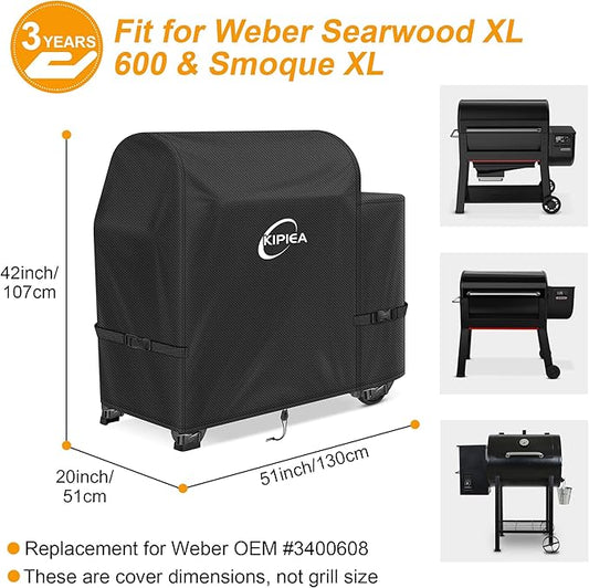 Kipiea 600D Heavy Duty Pellet Grill Cover for Weber Searwood XL 600 & Smoque XL, Waterproof Wood Pellet Smoker Cover with Windproof Buckles, UV Resistant, No Tear, No Fading
