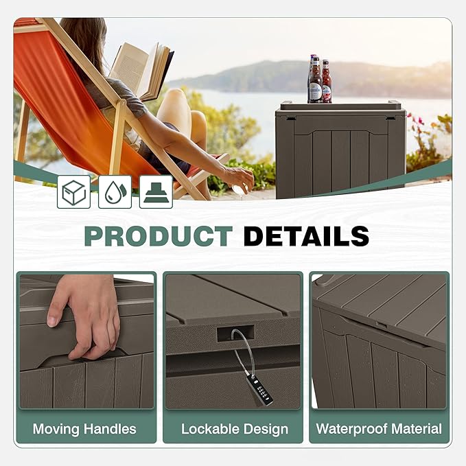 GUNJI 30 Gallon Small Deck Box Outdoor Waterproof Resin Storage Box Lockable Storage Container Outside Package Delivery (Brown)