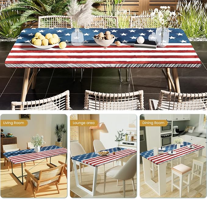 Irisbell Picnic Table Cover with Elastic Edge,6FT Wind Proof Wrinkleproof Fitted Tablecloth Cover Camping Beach Patio Rectangle Table Cloth for Indoor Outdoor (American Flag-1, 30'' x 72'')