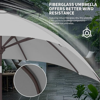 Kingdura 9FT Outdoor Patio Umbrella, Round Market Table Umbrella with Push‑Button Tilt and Crank Lift, 8 Sturdy Metal Ribs, UV50+ Protection Canopy for Backyard, Lawn, Deck, Poolside, Garden (Light grey)