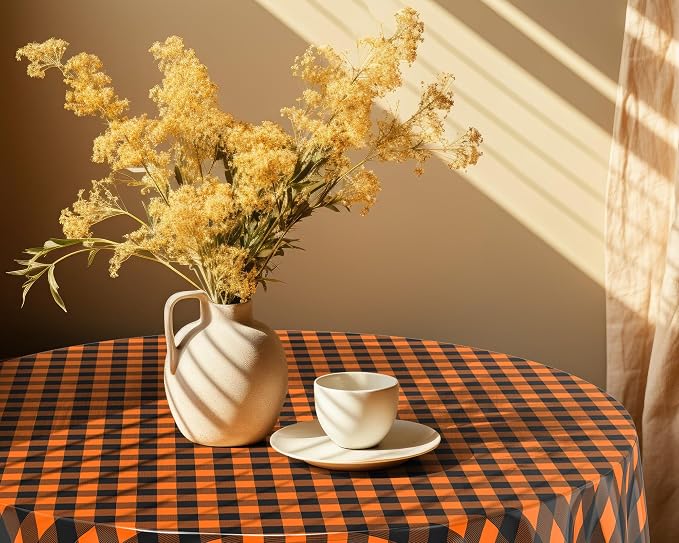 Disposable Checkered Tablecloth Round Plastic Buffalo Plaid Table Cloth 84'' Gingham Tablecover for Picnic Camping BBQ Graduation Party (Orange Black,6 Pieces)