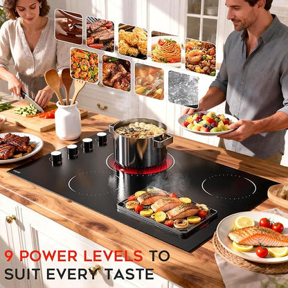 Electric Cooktop 30 Inch Hobsir, 4 Burner Electric Stove Top 6700W, Dual-Ring Burner & Oval Burner, 9 Power Level, 30 Inch Cook top with Safety Lock, Timer, White Knob