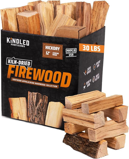 Hickory Cooking Wood Box by Kindled Provisions - 30lbs 12" Kiln Dried for Smoking & Grilling Sweet & Smoky - Hickory Wood Chunks for Smokers - Premium Southern Appalachian Hardwood - Pork, Ribs, Beef