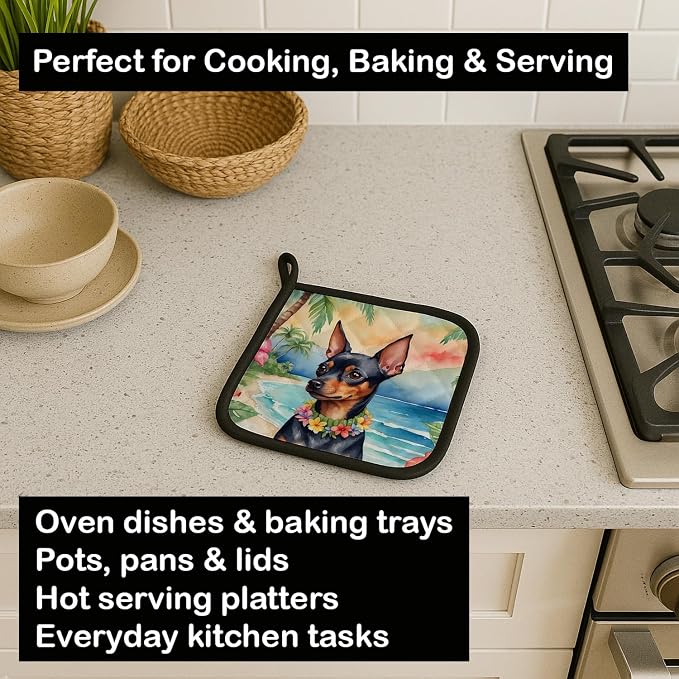 Caroline's Treasures Miniature Pinscher Luau Pair of Pot Holders Kitchen Heat Resistant Pot Holders Sets Oven Hot Pads for Cooking Baking BBQ, 7 1/2 x 7 1/2