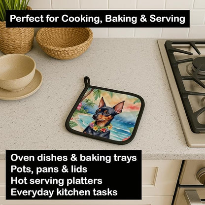 Caroline's Treasures Miniature Pinscher Luau Pair of Pot Holders Kitchen Heat Resistant Pot Holders Sets Oven Hot Pads for Cooking Baking BBQ, 7 1/2 x 7 1/2