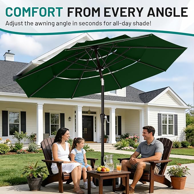 AreShark 9ft 3-Tier Patio Umbrellas, Outdoor Umbrella with 8 Sturdy Ribs UV Protection Windproof, Market Table Umbrella w/Push Button Tilt & Crank for Pool, Porch, Deck, Garden(Dark Green)