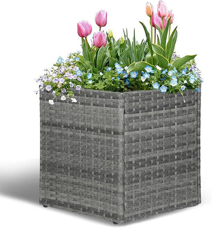 SUNNYPARK Gray Square Planter Box Rattan for Outdoors 17x17x18inch | All-Weather, Handmade PE Rattan, Removable Liner, Indoor Outdoor, Patio Porch Garden, Modern Design for Plants Flowers