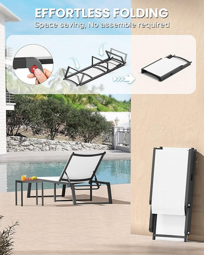 Aluminum Chaise Lounge Chair Outdoor, Foldable& No Assembly Patio Pool Lounge Chairs 5-Position Recliner for Outside, Fully Grounded Legs Sun Lounger for Poolside, 4 Packs, Bright White