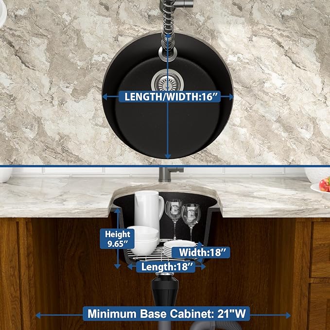 Mocoloo 18 Inch Round Bar Sink Undermount - Black Granite Composite Quartz Prep Sinks Small Kitchen Sink for Island or RV