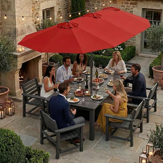 Kingdura 13ft Large Patio Umbrella with Base Included, Double-Sided Rectangle Outdoor Table Umbrella with 12 Reinforced Ribs, Crank Lift for Market Pool Deck Backyard, Red