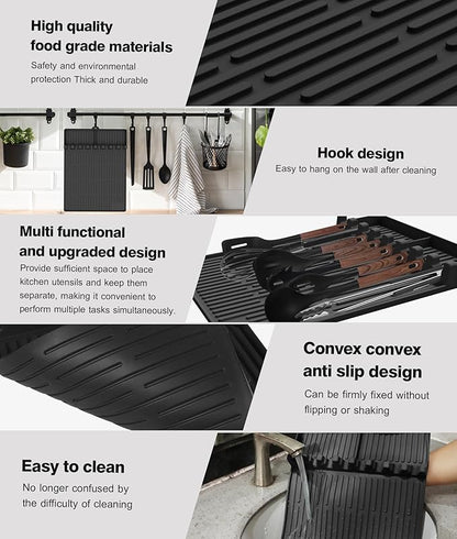 Silicone Grill Mat Compatible with Blackstone, BBQ Griddle Tools Mat with Drip Pad, Large Spatula Holder for Outdoor Kitchen Counter, Gifts for Men (Black)