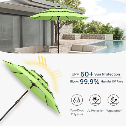 10FT Patio Umbrella 3 Tiers Outdoor Market Umbrella w/Push Button Tilt, Crank, UV and Waterproof Table Umbrella for Garden, Pool, Backyard, Deck, Lawn, Apple Green