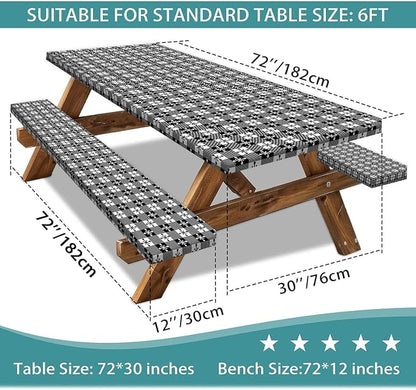 Picnic Table Cover with Bench Covers and Bag, Camping Essentials, Buffalo Plaid Waterproof and Windproof, Fitted Tablecloth Cover with Elastic Edge, for Outdoor, 3 PCS, (Black & White, 30"x72")