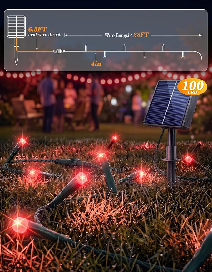 LitHome 2 Pack Solar String Lights Outdoor with Remote, Total 200LED 66FT | Solar Christmas Lights Outside Waterproof, 8 Modes String Light for Xmas Patio Garden Party Yard Tree Decor, Red