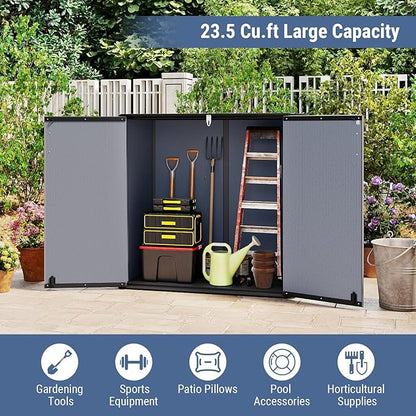 Tangkula 23.5 Cu.ft Outdoor Storage Shed, All-Weather Resin Patio Storage Box with Floor & Lockable Door, Waterproof Deck Box for Garden Tools, Pool Accessories