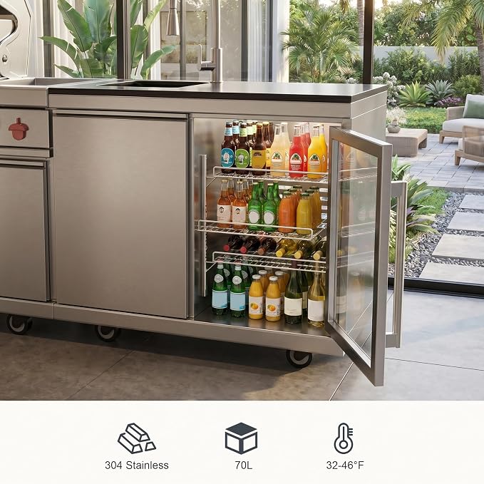 84 Inch Outdoor Kitchen Island, 6 Burner 75300 BTU Deluxe Stainless Steel Gas Grill Bar Island with Stainless steel Sink Wine Cooler Refrigerator, Granite Countertops, Rotisserie kit (Silver)