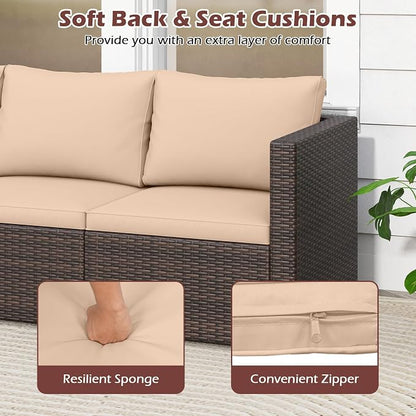 Tangkula 3 Seat Outdoor Wicker Sofa Set, Modular PE Rattan Patio Cushioned Sectional Couch Set, Outside Furniture Set for Deck, Backyard, Porch, Garden & Poolside (Brown-Beige)