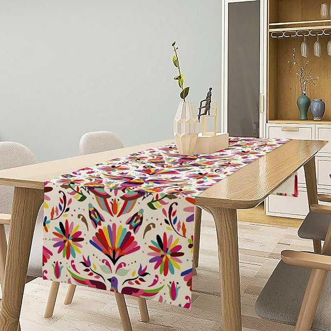 Mexican Table Runner, Mexico Green Flower Boho Floral, American Art Natural Inspirations Flowers and Birds Farmhouse Decor Burlap Table Runners Kitchen Decor and Accessories 13x90 Inch
