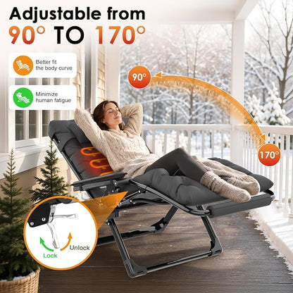 Slendor Heated Oversized Zero Gravity Chairs 33In, XXL Lounge Chair, Black | Anti Gravity Recliner with 3 Heat Levels for Back & Seat, Headrest & Cup Holder, Folding, Supports 500lbs, (Battery Not)