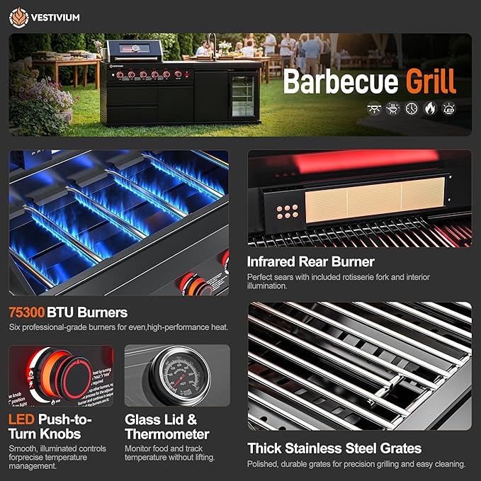 4+1 Burner Natural Gas Modular Outdoor Kitchen Grill Module, 75300 BTU Black Stainless Steel BBQ with Side Burner for Patio Island Permanent Gas Line NG