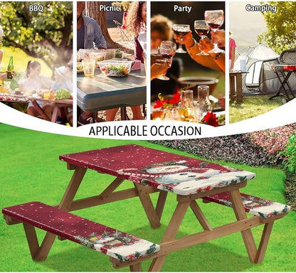 3 PCS Fitted Picnic Table Cover with Bench Cover Fitted Rectangle Tables and Seats Christmas Candy Snowman Outdoor Picnic Table Cover for Camping Red