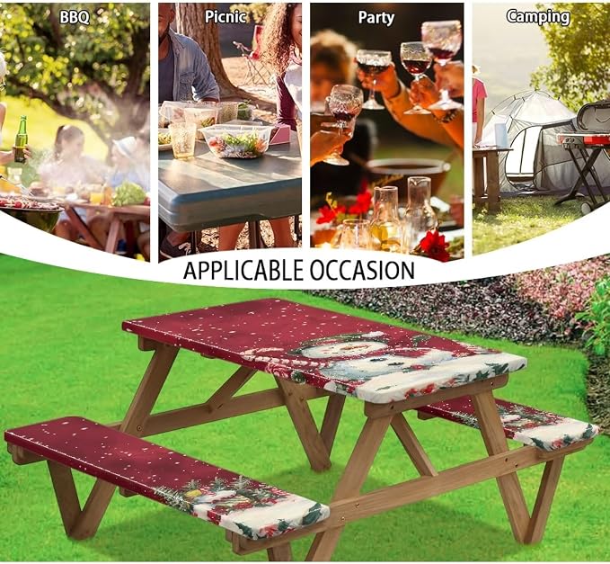 3 PCS Fitted Picnic Table Cover with Bench Cover Fitted Rectangle Tables and Seats Christmas Candy Snowman Outdoor Picnic Table Cover for Camping Red