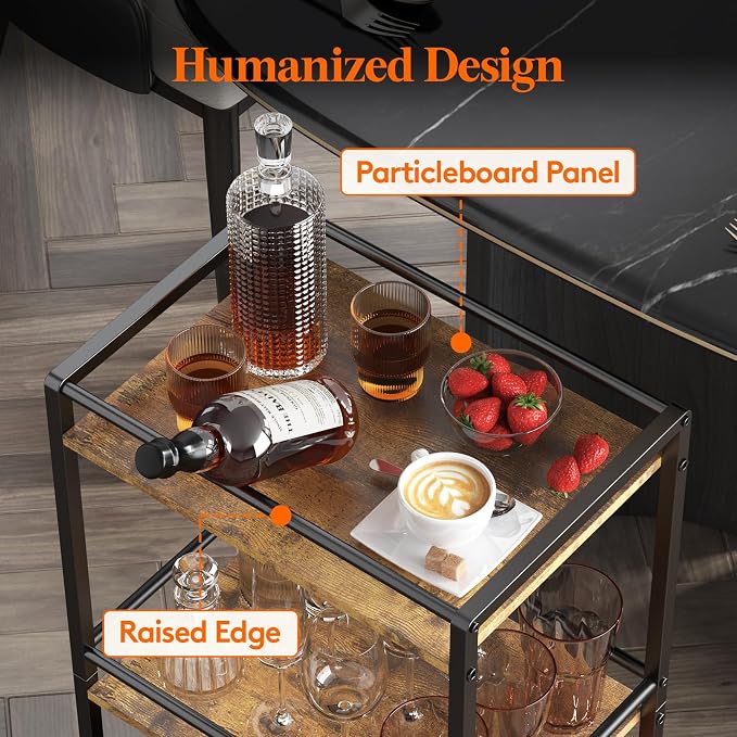 Lifewit Mini 3 Tier Rolling Bar Cart with Lockable Wheels, Rustic Brown | Drink serving liquor utility cart for dining living room, compact size 17 x 11.8 x 32.1 inch, mobile wine storage trolley