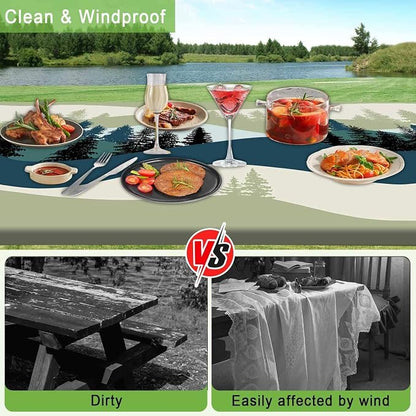 JAWO Picnic Table Cover with Bench Covers, Mountain Forest Camping RV Essentials Gear Supplies Outdoor Waterproof Windproof Tablecloth with Elastic, 72in, Green Blue