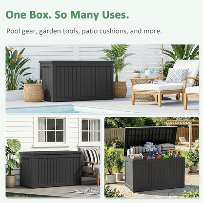PatioZen 280 Gallon Deck Box Outdoor Storage Box, Waterproof and UV Resistant, Lockable&Resin for Patio Cushions Storage Furniture, Garden Tools, Pool Supplies(Black, 280 Gallon)
