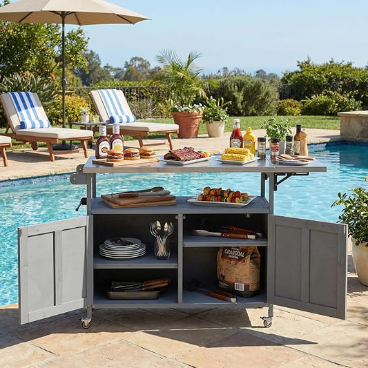 JIVOIT Outdoor Fir Wood Kitchen Island with Foldable Stainless Steel Top, Patio Mobile Kitchen Cart Portable Outdoor Cooking Island with Lockable Wheels, Storage Cabinet and Towel Rack (Gray/124)
